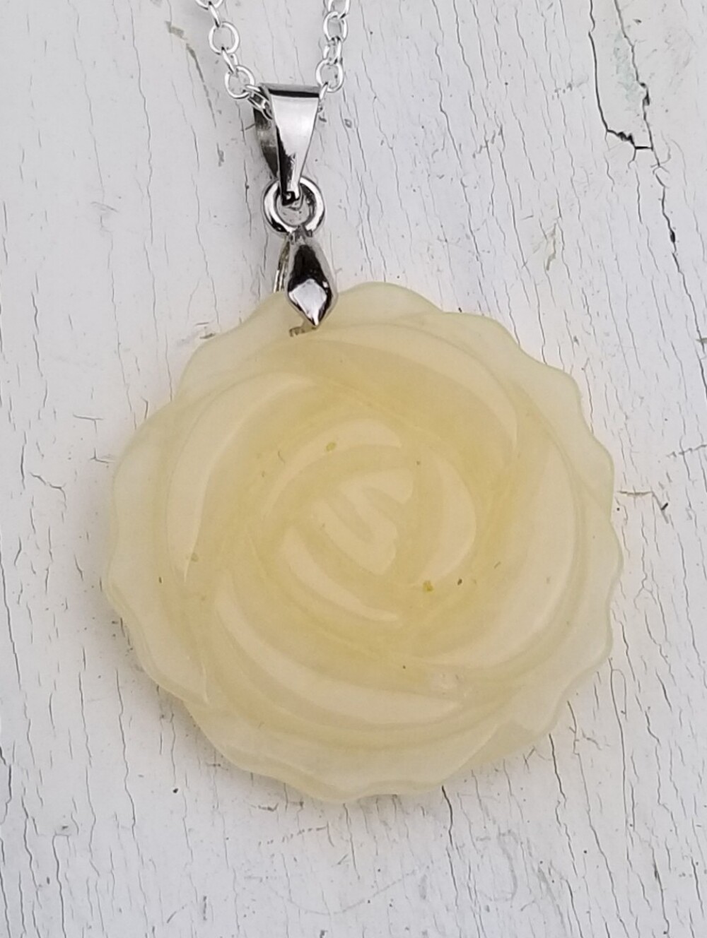 Sterling Silver Yellow Jade Rose Pendant Necklace, Yellow Jade Hand Carved Rose